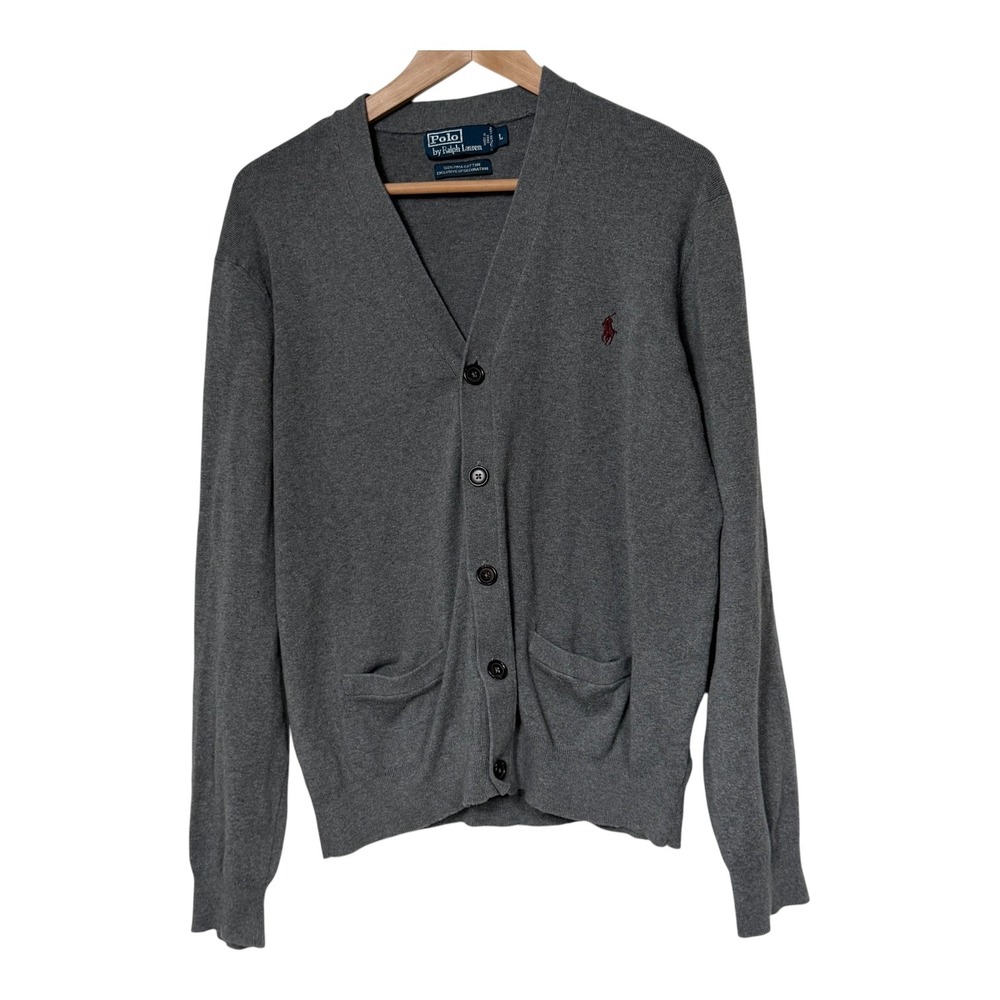 Polo Ralph Lauren Mens Grey Pima Cotton V-Neck Button Cardigan Sweater Large